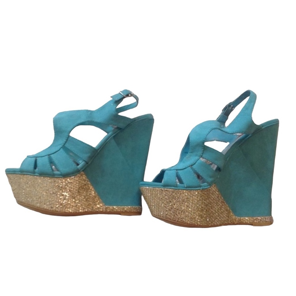 Vintage suede Teal and gold shimmer sz 7 platform shoes - Picture 2 of 4